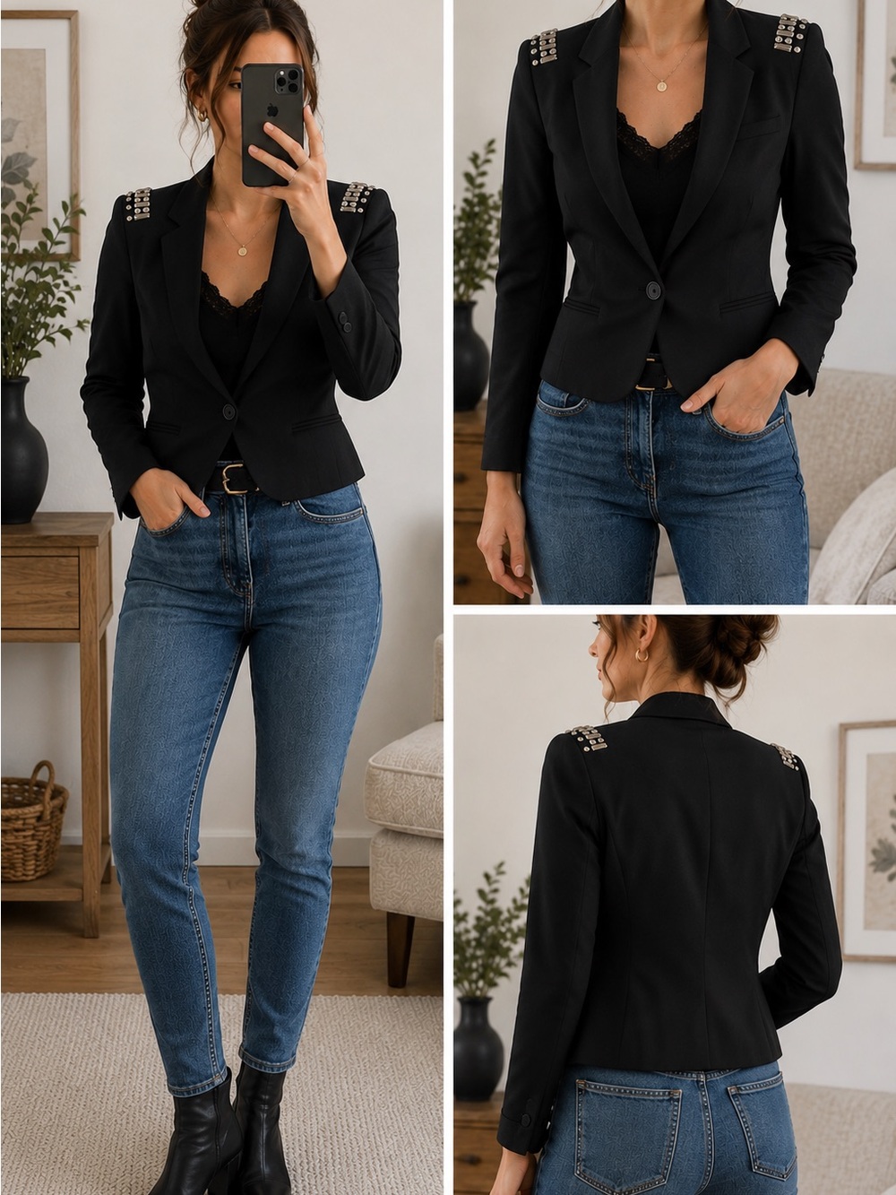 H&M Black Tailored Blazer Size 4 Studded Shoulders Rhinestone Embellished Jacket